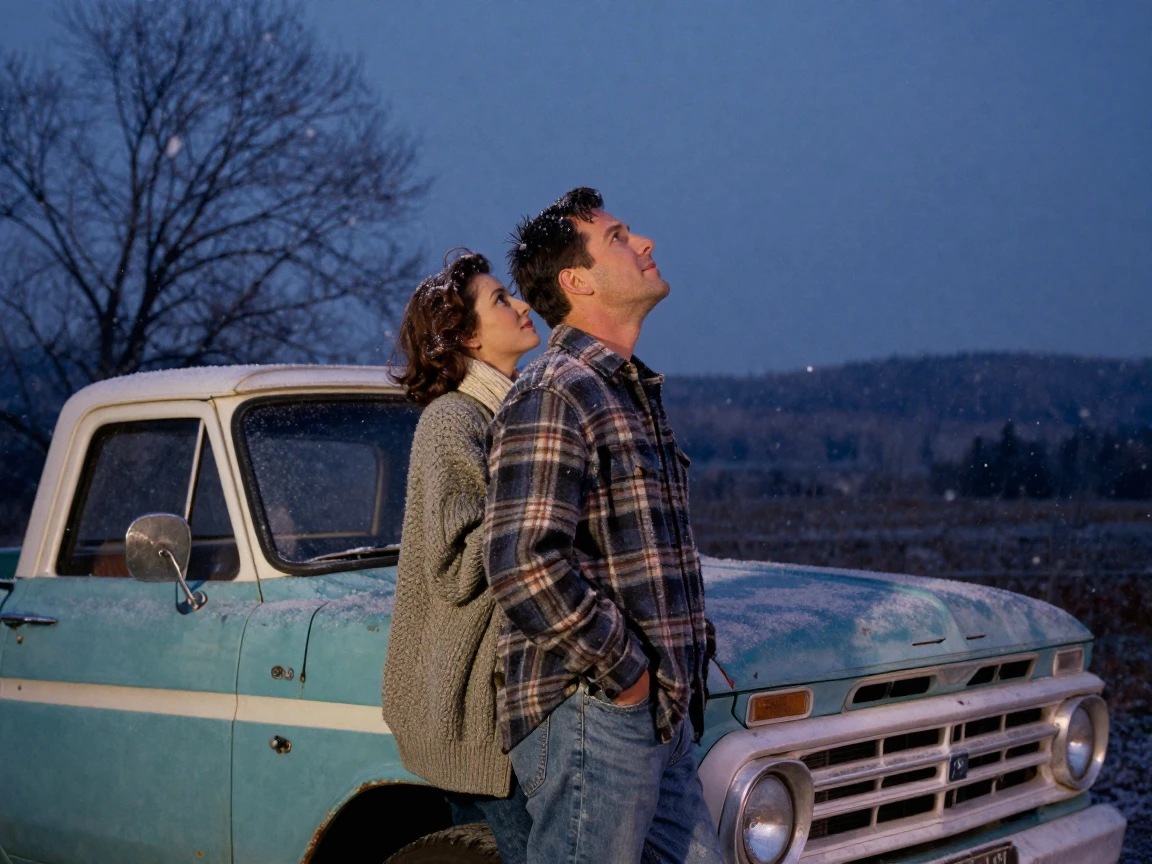 A couple watching the stars from the hood of an old pickup truck, in cool blue twilight, amid gently falling snow, in late autumn, in cool blues and silvery greys, over the shoulder of the main subject.