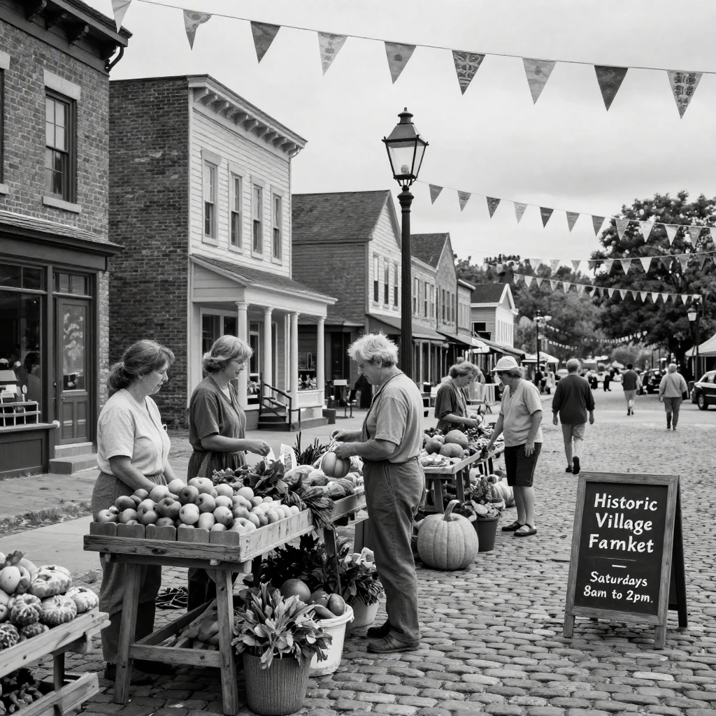 A quiet village square hosts a lively weekend farmers market in a historic old town.