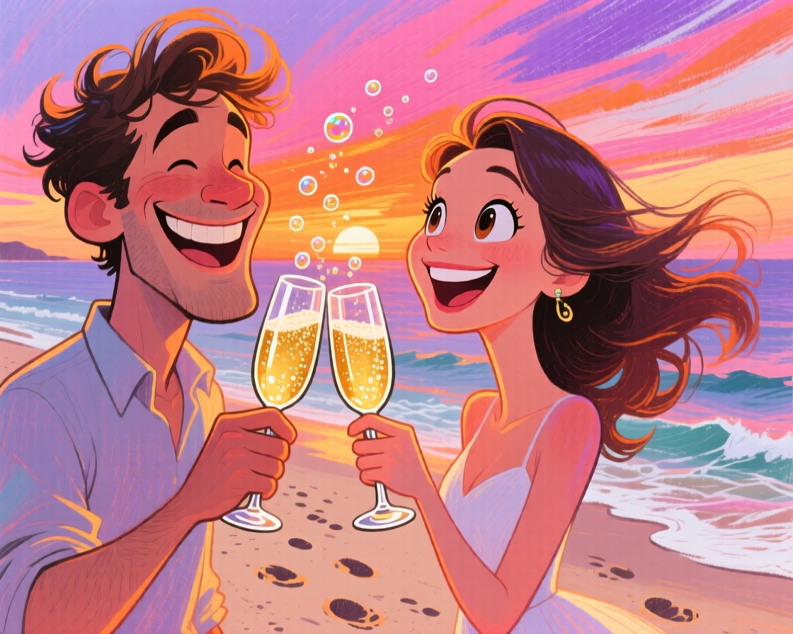 A couple toasting champagne glasses on a beach at sunset for their anniversary.