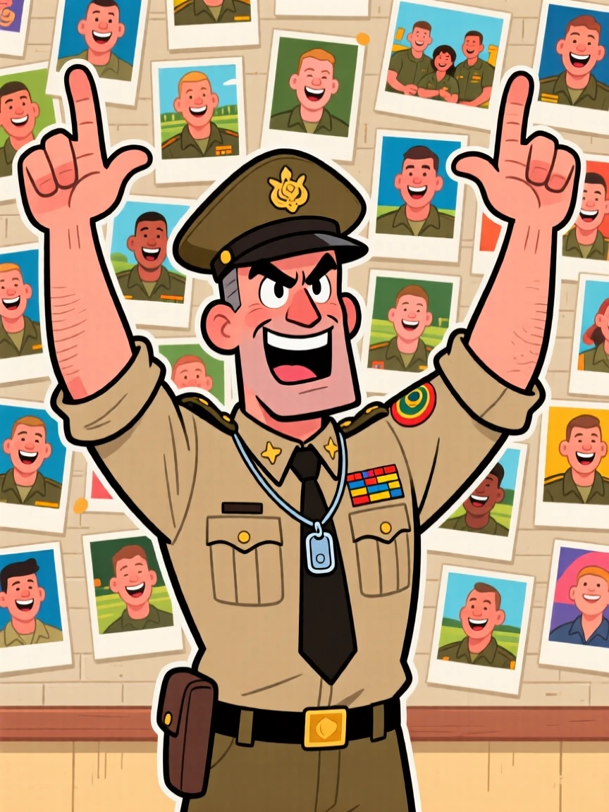 A charming portrait of a tough drill sergeant, gesturing dramatically with both hands raised, standing before a wall covered in cheerful photographs.