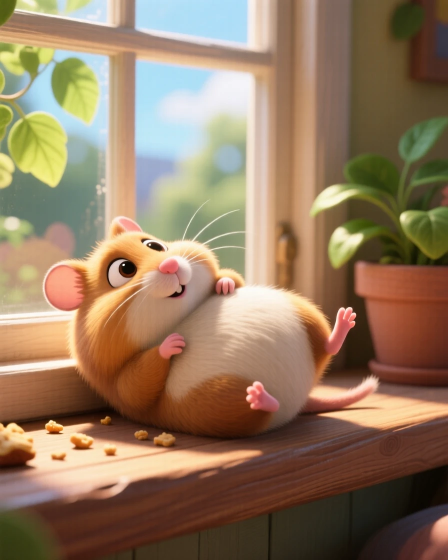 A plump hamster is resting on a windowsill in warm afternoon light, rolling gently onto its back. Innocent curiosity shines through the moment, with soft shadows framing the scene.