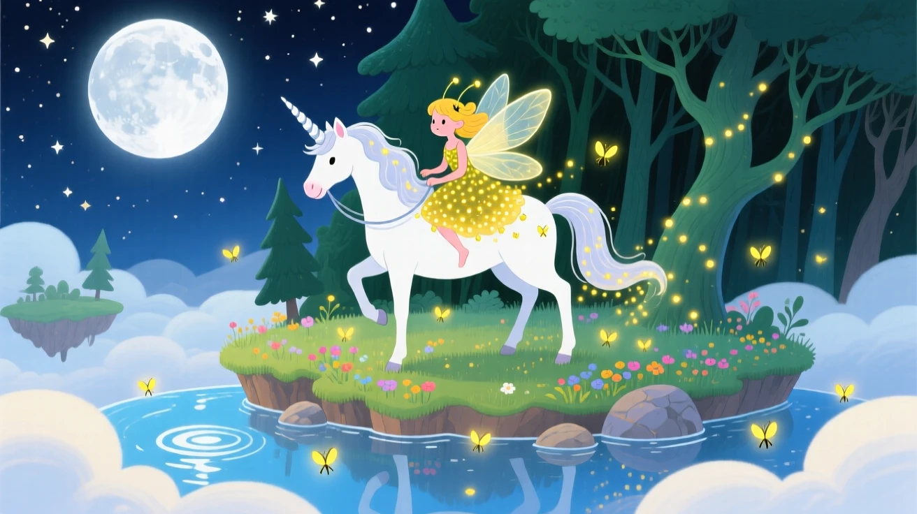 A firefly fairy is riding a unicorn through a moonlit forest in a floating island in the clouds, as reflections shimmer on the still water.
