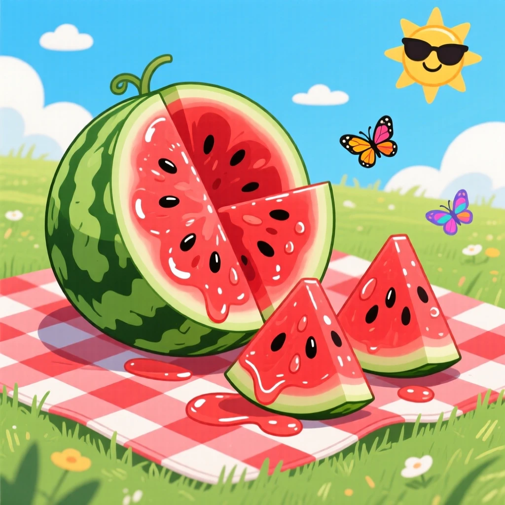 A watermelon sliced open on a picnic blanket in summer.
