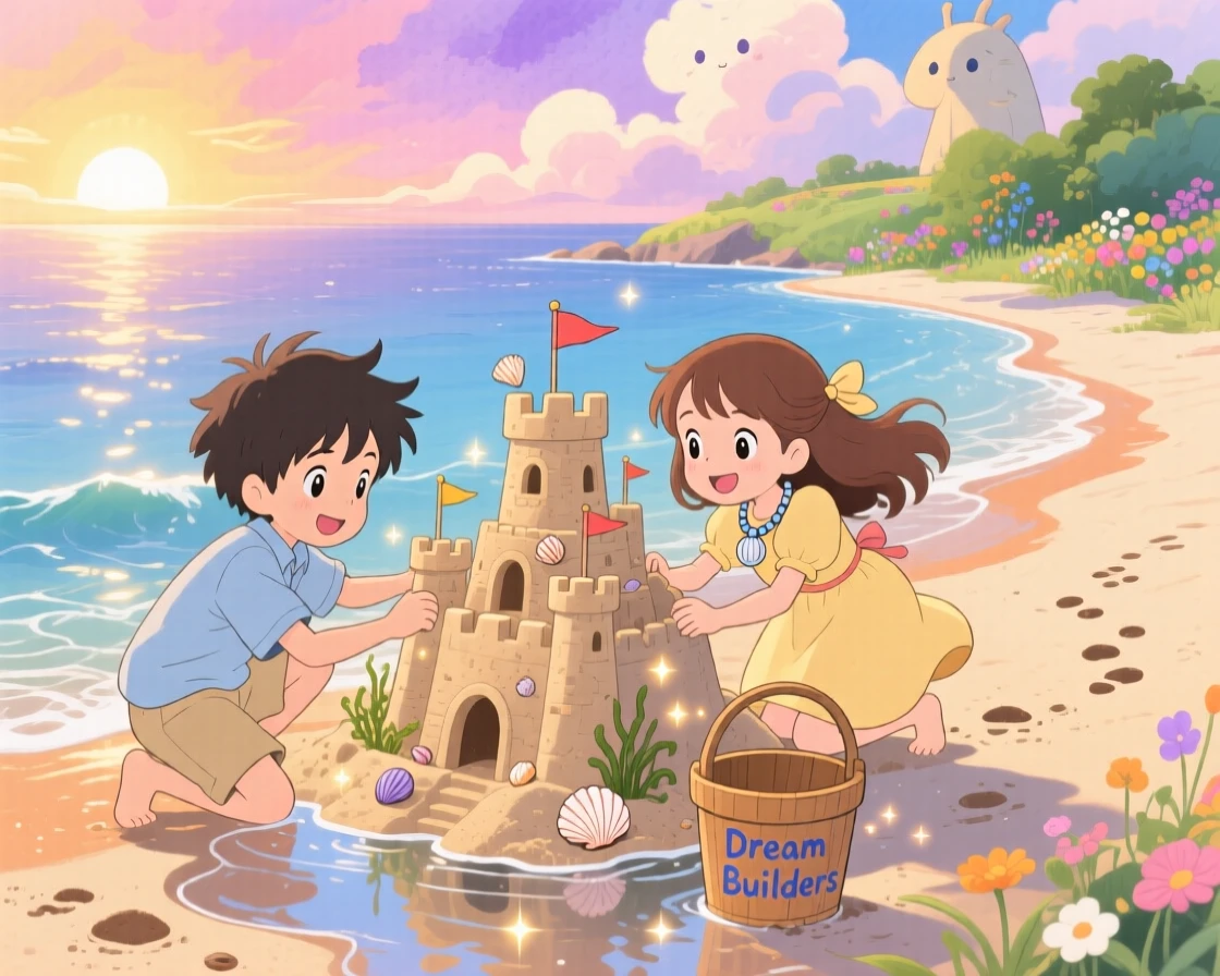 Two kids building a sandcastle at the water's edge, the moment bright with youthful wonder.