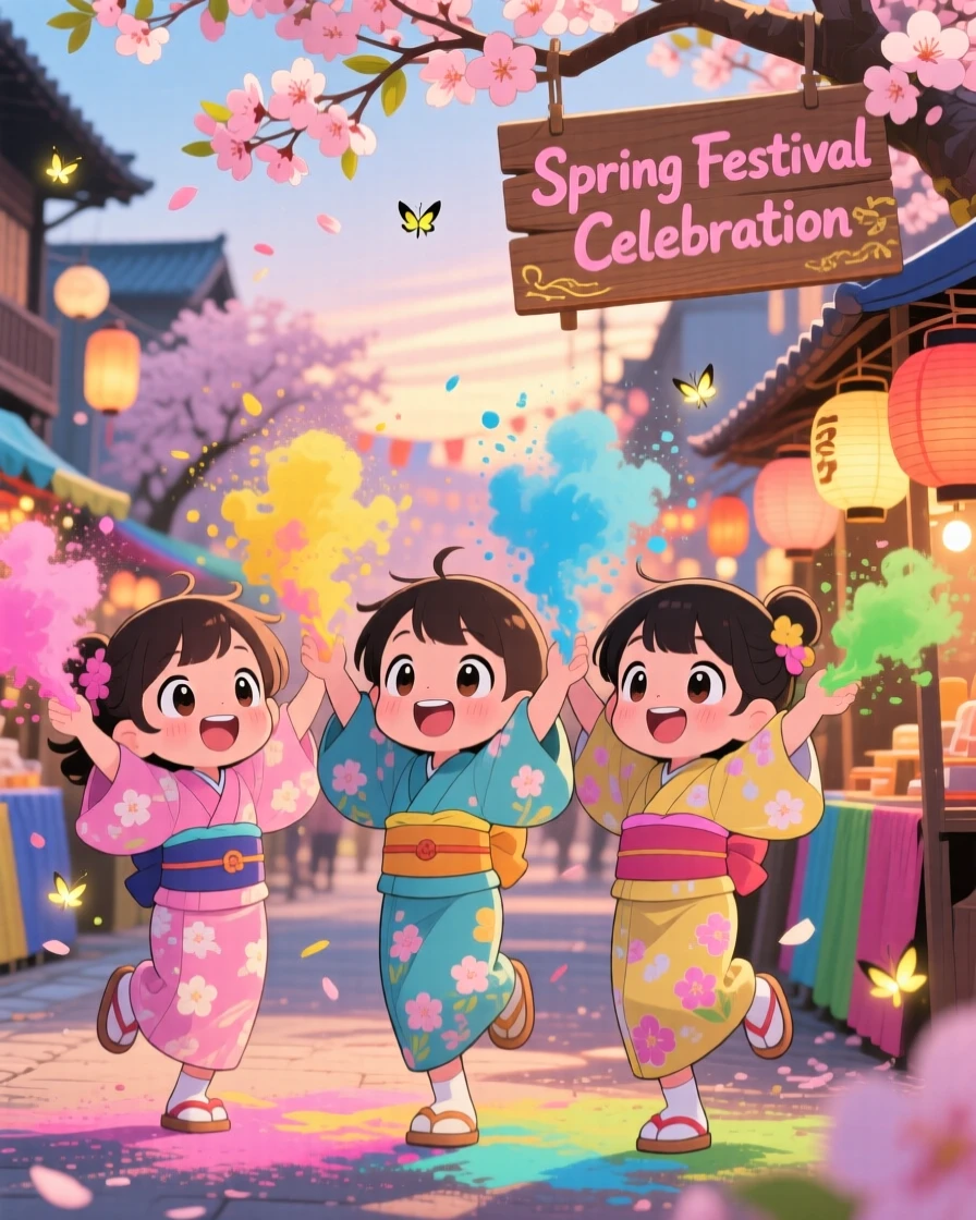 Waist-up portrait of children, celebrating with colorful powder during a spring festival, in a vibrant festival street, as fireflies begin to glow at dusk, illuminated by warm morning light filtering through leaves, radiating brave confidence.