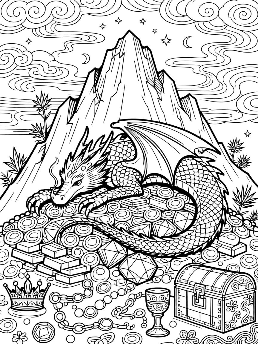 A dragon curled asleep atop a mountain of gold and jewels.
