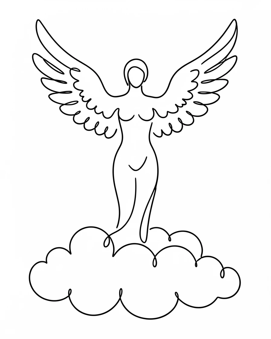 A celestial being with feathered wings standing atop a cloud bank