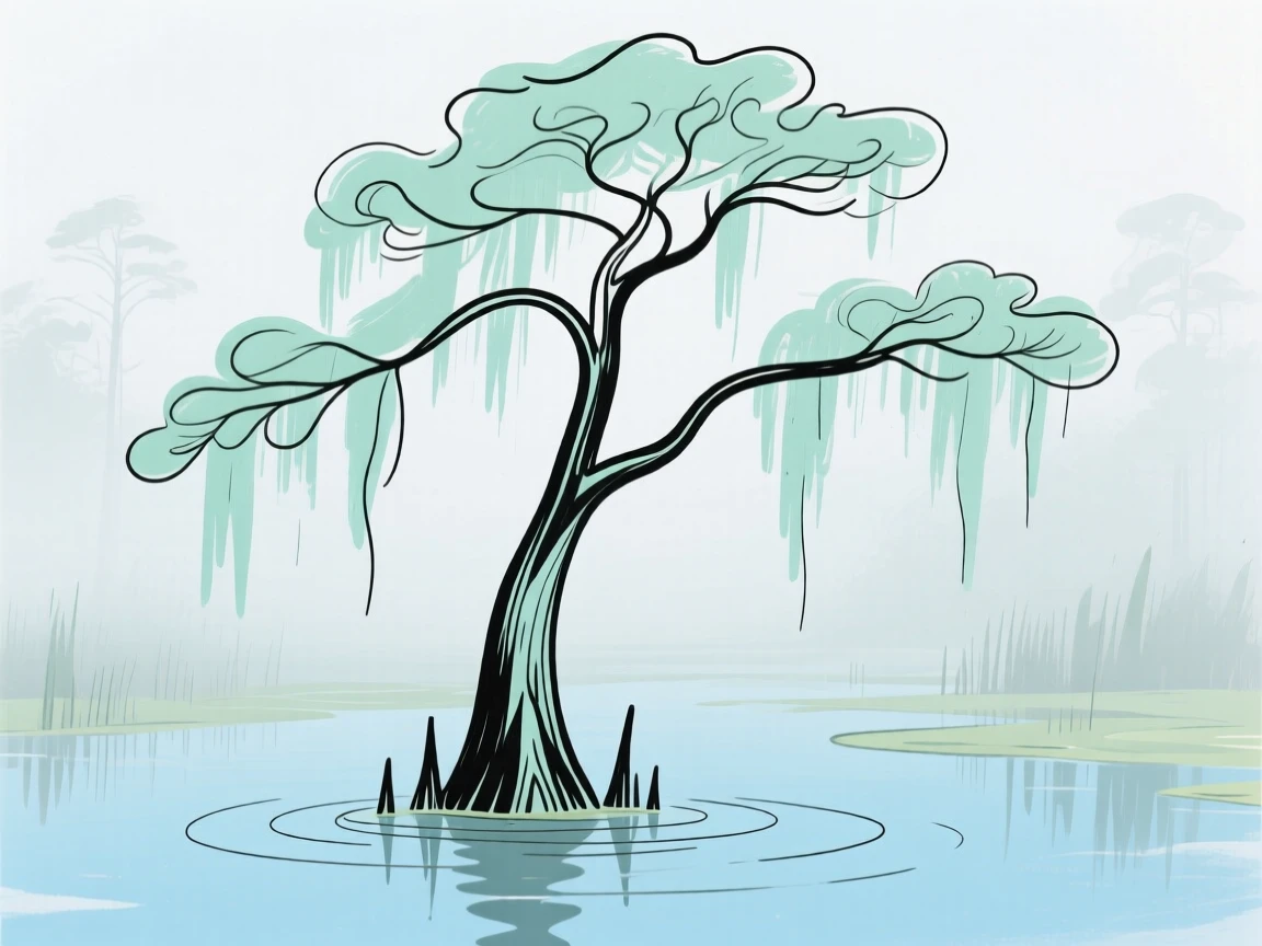A cypress tree in a foggy swamp