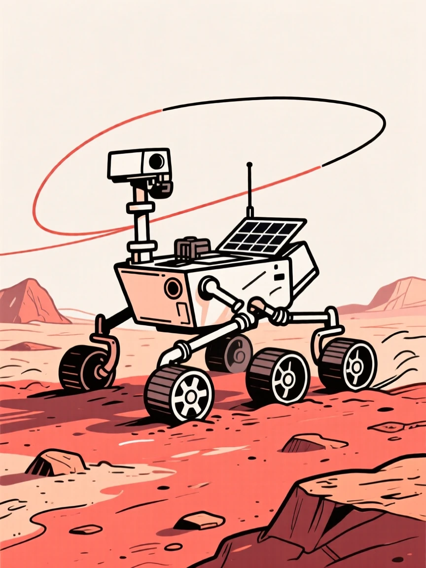A rover exploring the red rocky surface of Mars.