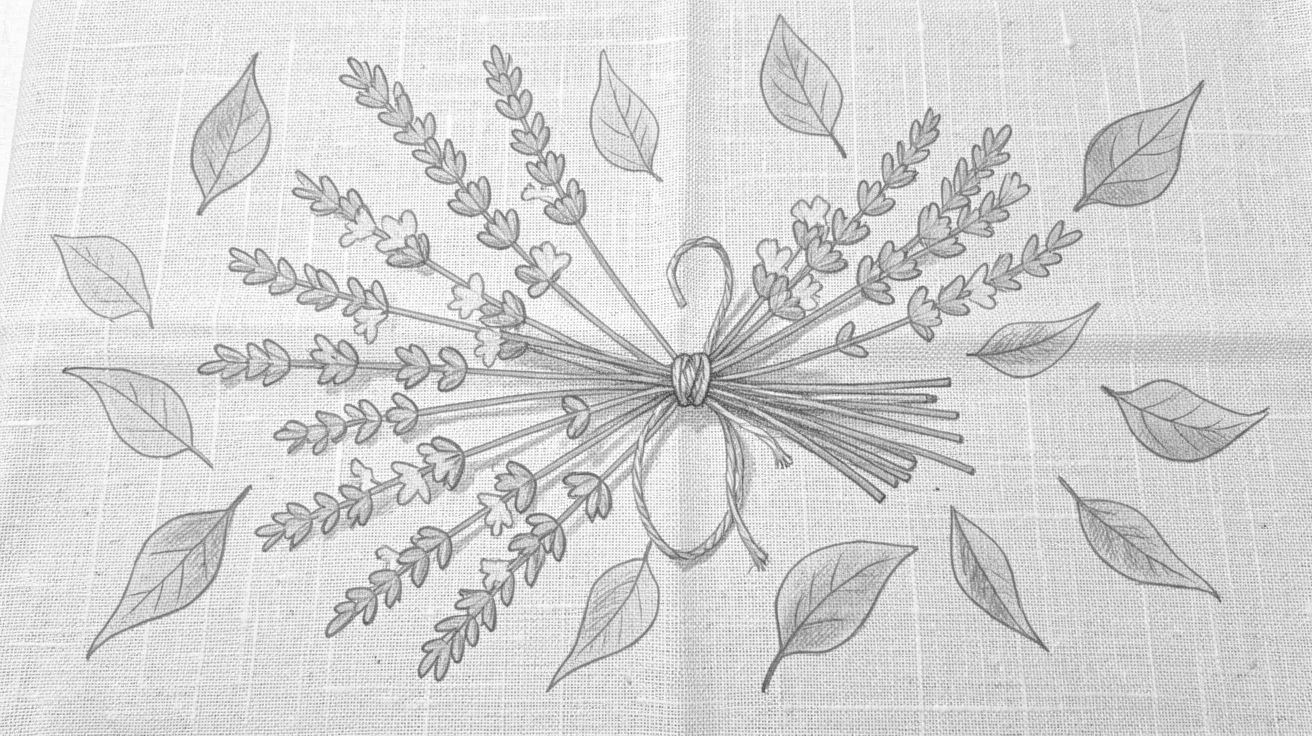 An elegant arrangement of lavender sprigs tied with twine scattered across a linen tablecloth, framed by delicate green leaves.