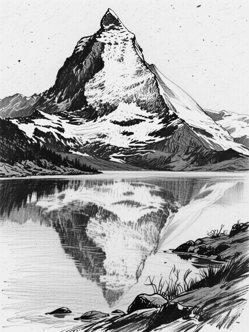 A snow-capped peak reflecting perfectly in still water below.
