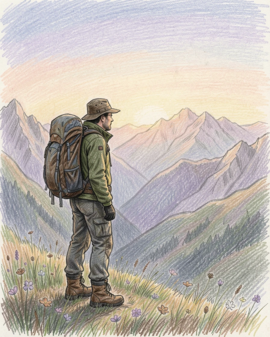 A hiker pausing to admire a sweeping mountain view at sunrise, set against a softly blurred, atmospheric background, full of storytelling depth and quiet charm.
