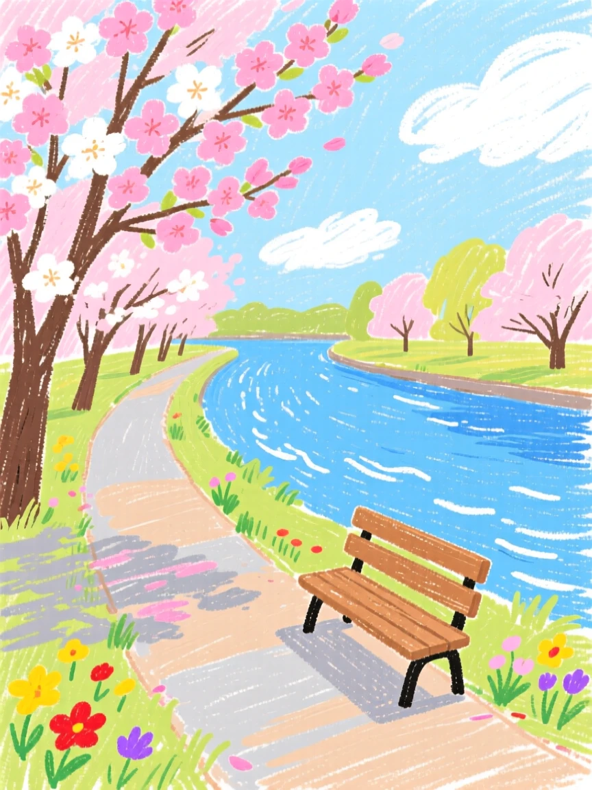 A view of a riverside promenade framed by blooming cherry trees in spring.