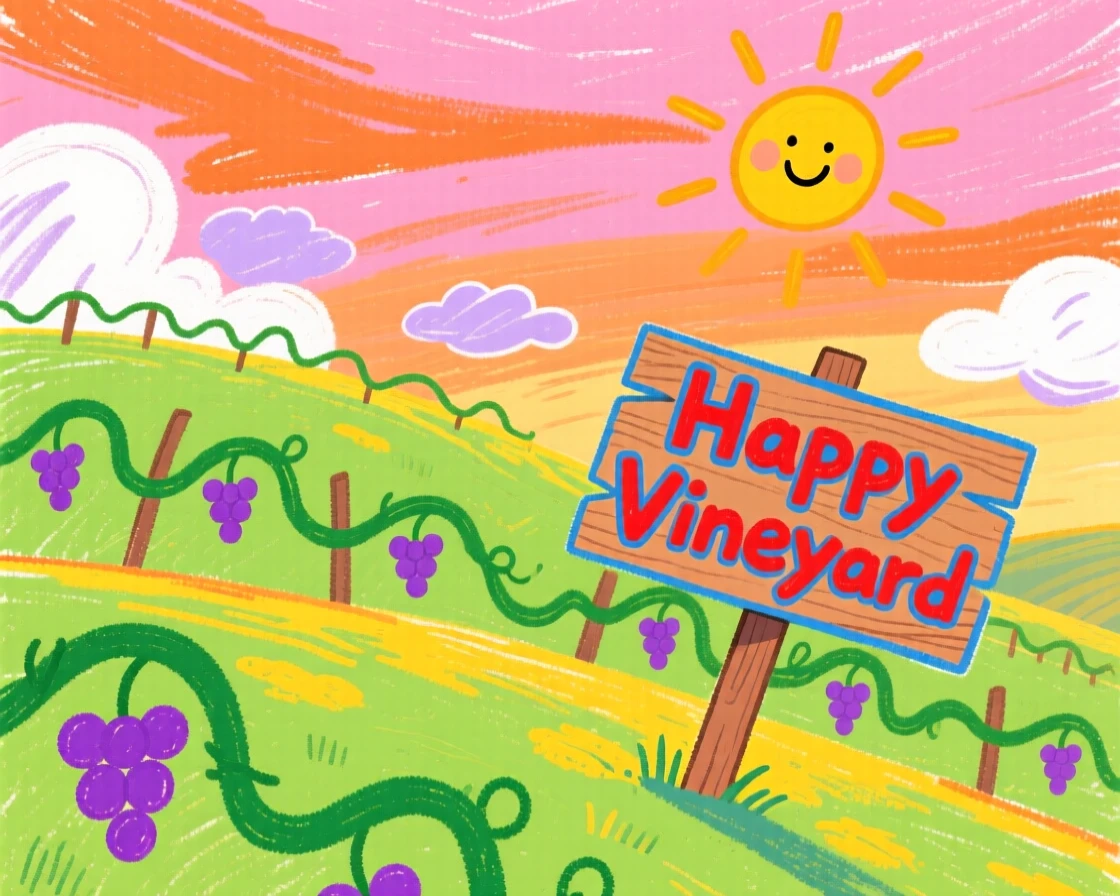 A vineyard on a rolling hillside beneath a sky painted orange and pink at sunset.