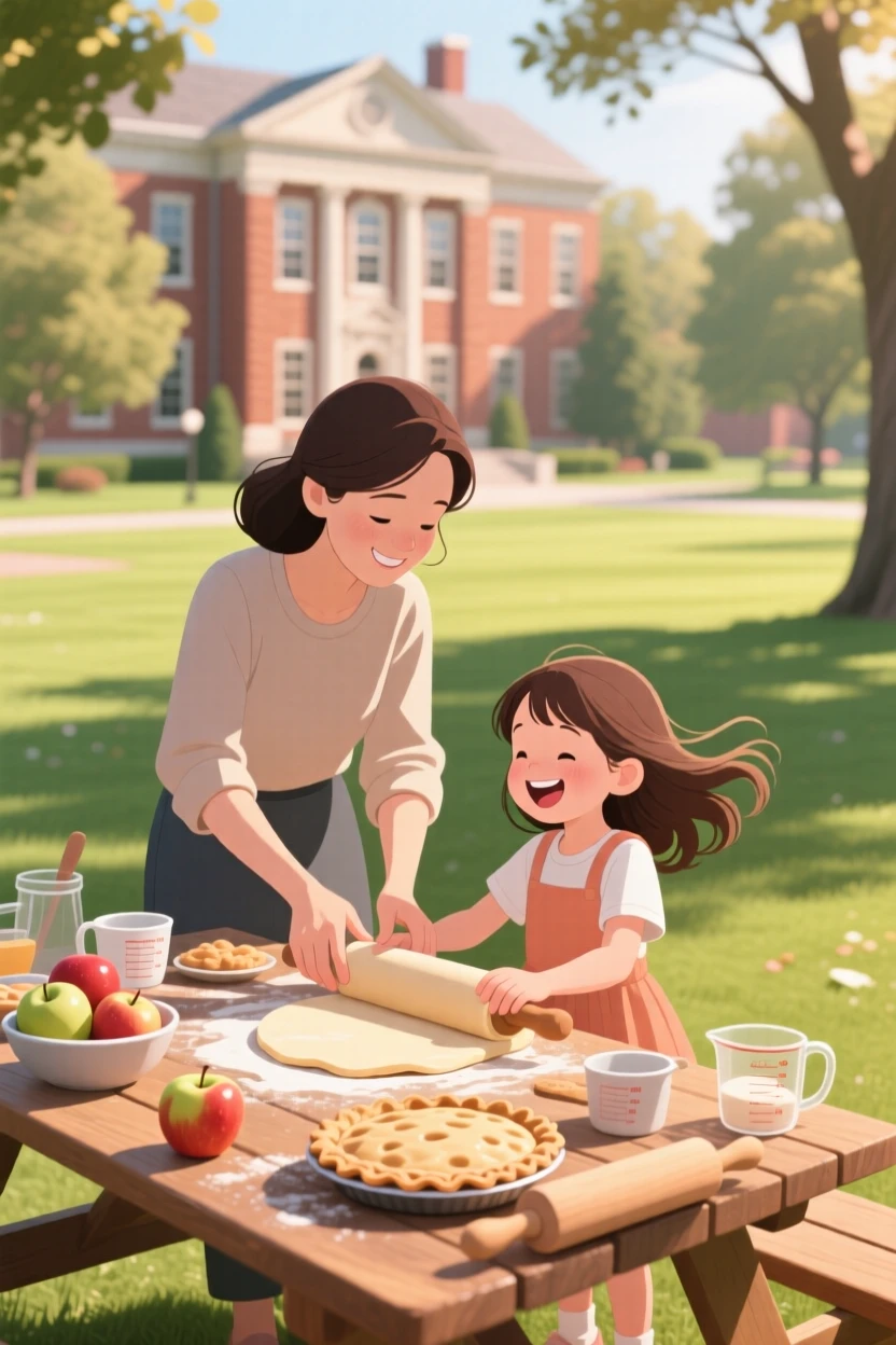 A mother teaching her daughter to bake a pie, on a sunny university campus lawn, composed with soft depth of field drawing focus to the subject, with small joyful details like flying hair or bright laughter.