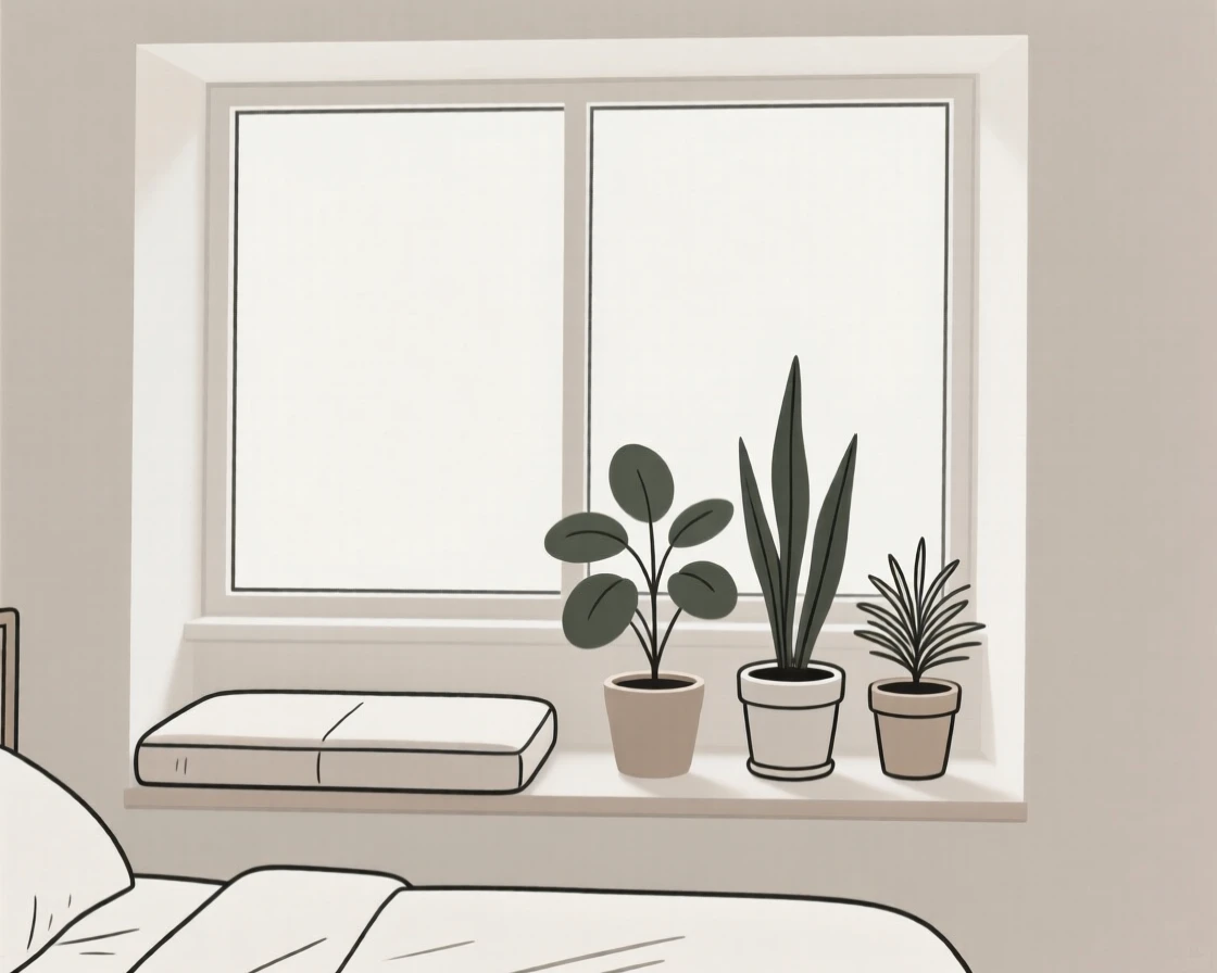 A tidy bedroom window seat arranged near a small houseplant collection in a plant-filled apartment, expressing mindful presence.