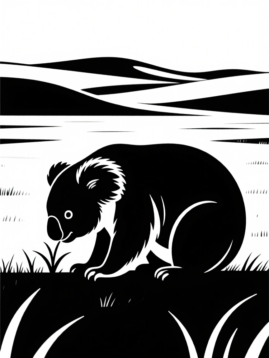 A koala grazing on an open plain.