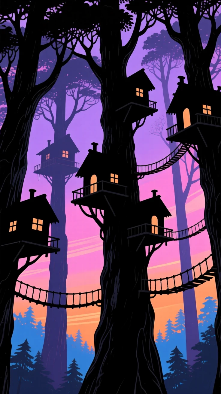 A treehouse village connected by rope bridges high in an ancient forest canopy.