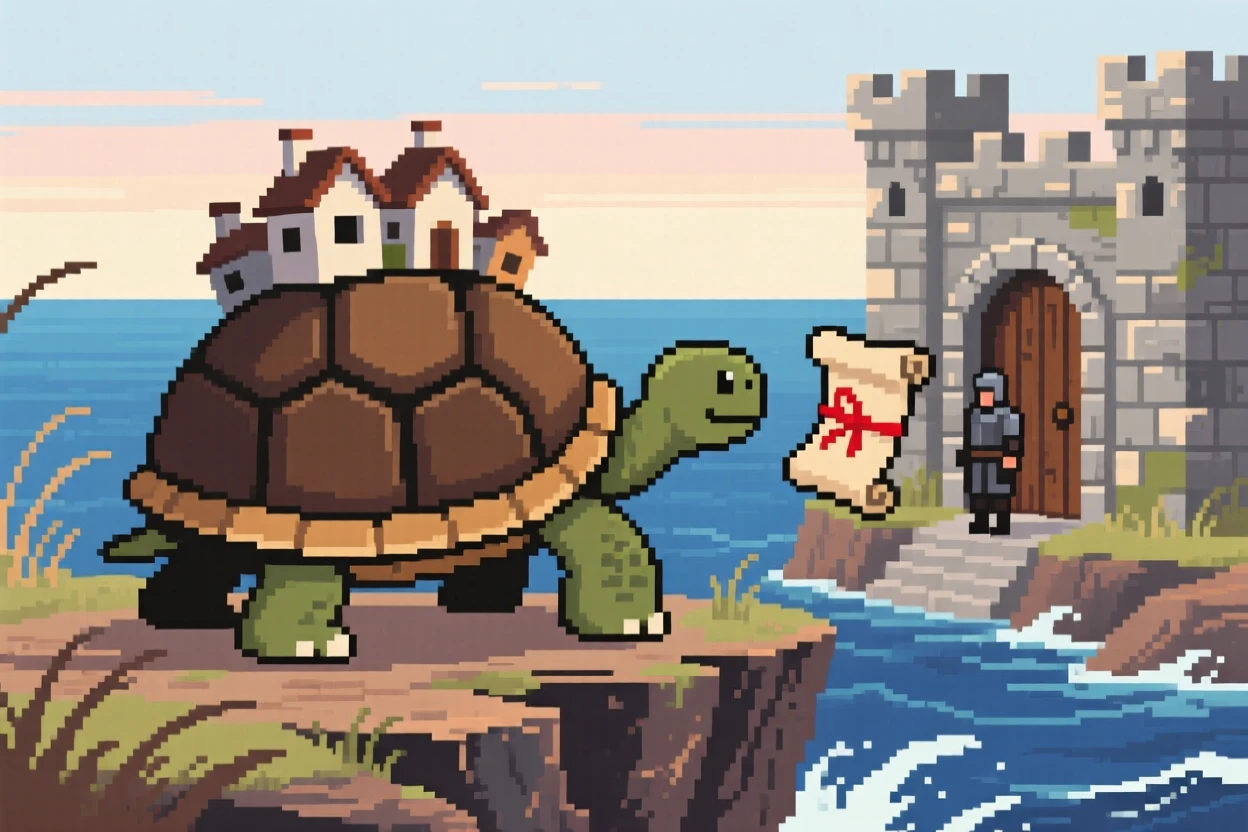 A giant turtle carrying a village on its shell delivering a scroll to a castle gate, on a windswept cliff overlooking the sea.