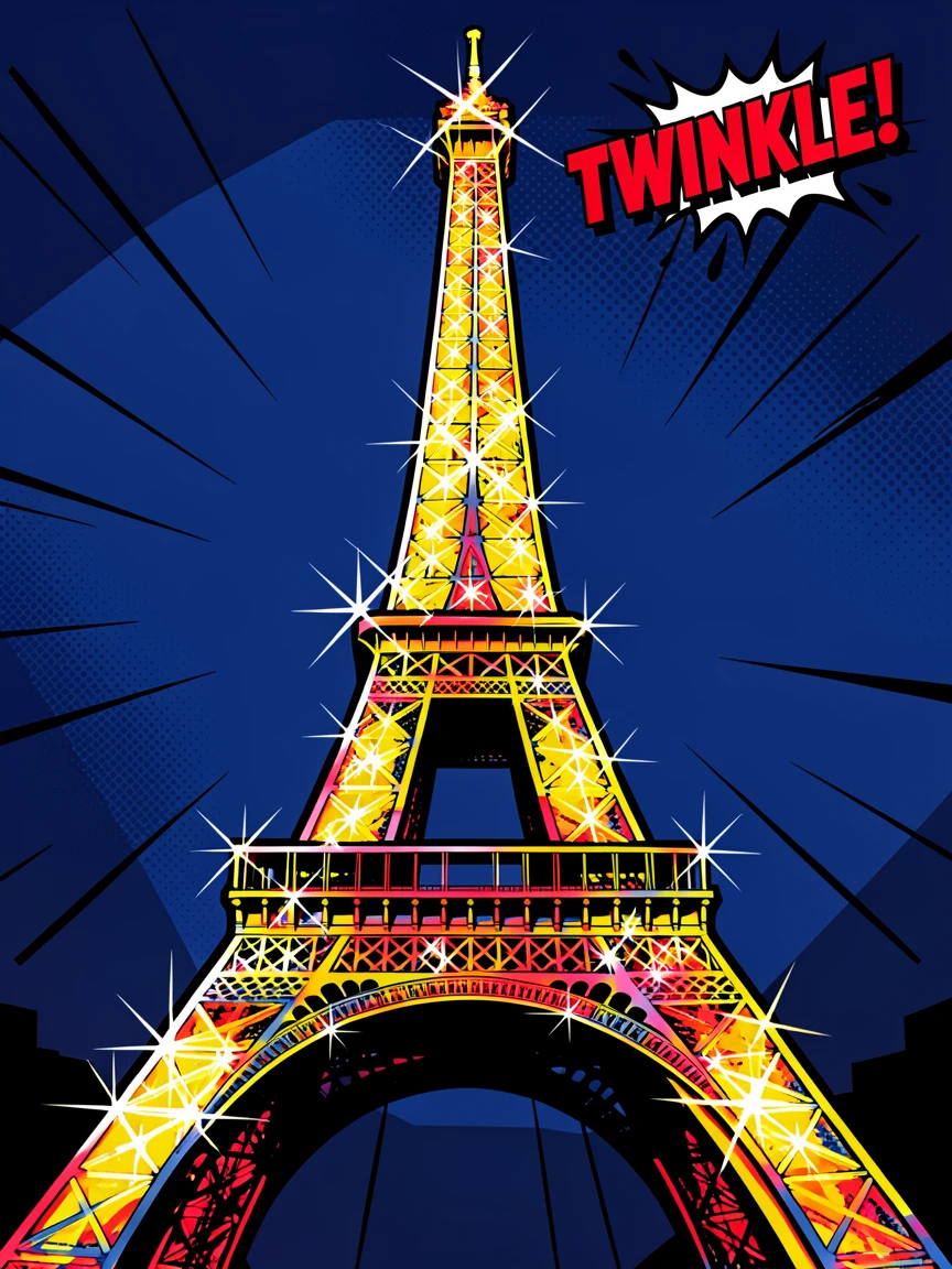 The Eiffel Tower sparkling with lights at night