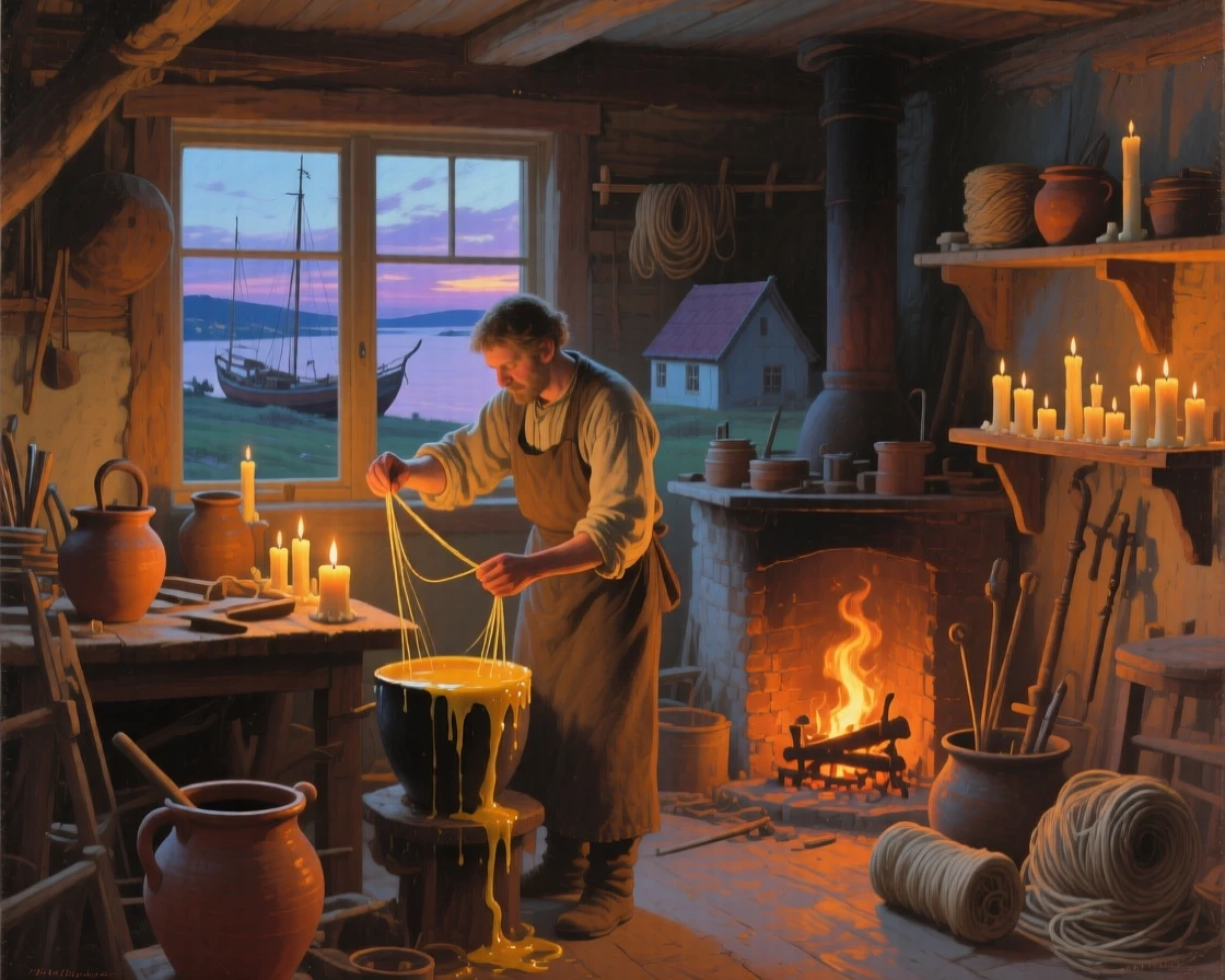 A broad landscape view of a candlemaker dipping wicks in a warm workshop, at twilight, in a Nordic fishing village.