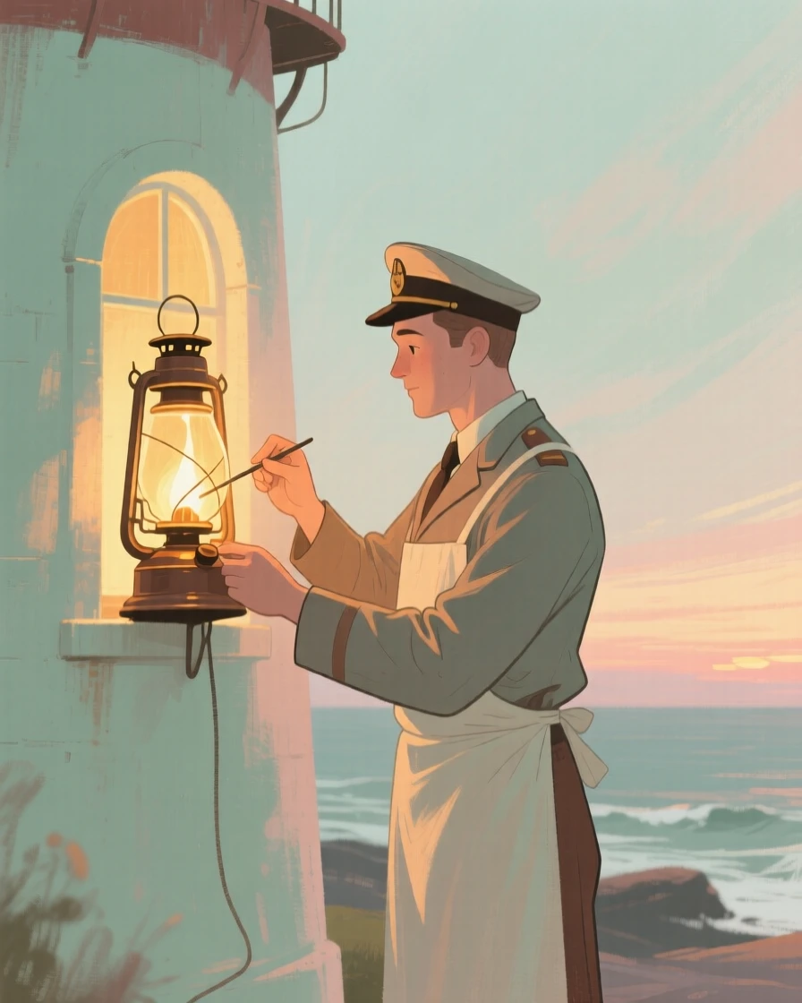 A lighthouse keeper trimming the lamp wick at dusk