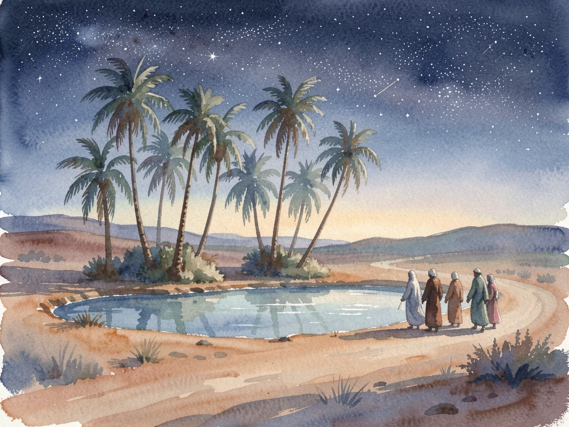 A desert oasis with palm trees and a clear pool under a starlit sky with travelers strolling along the path.