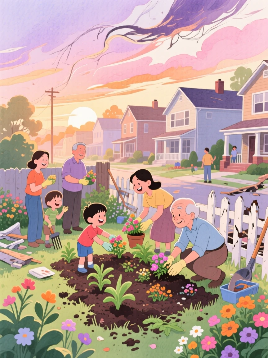 A community coming together to rebuild a neighbor's garden after a storm, under a sky painted with the soft colors of sunset, radiating kindness, hope, and heartfelt emotion.