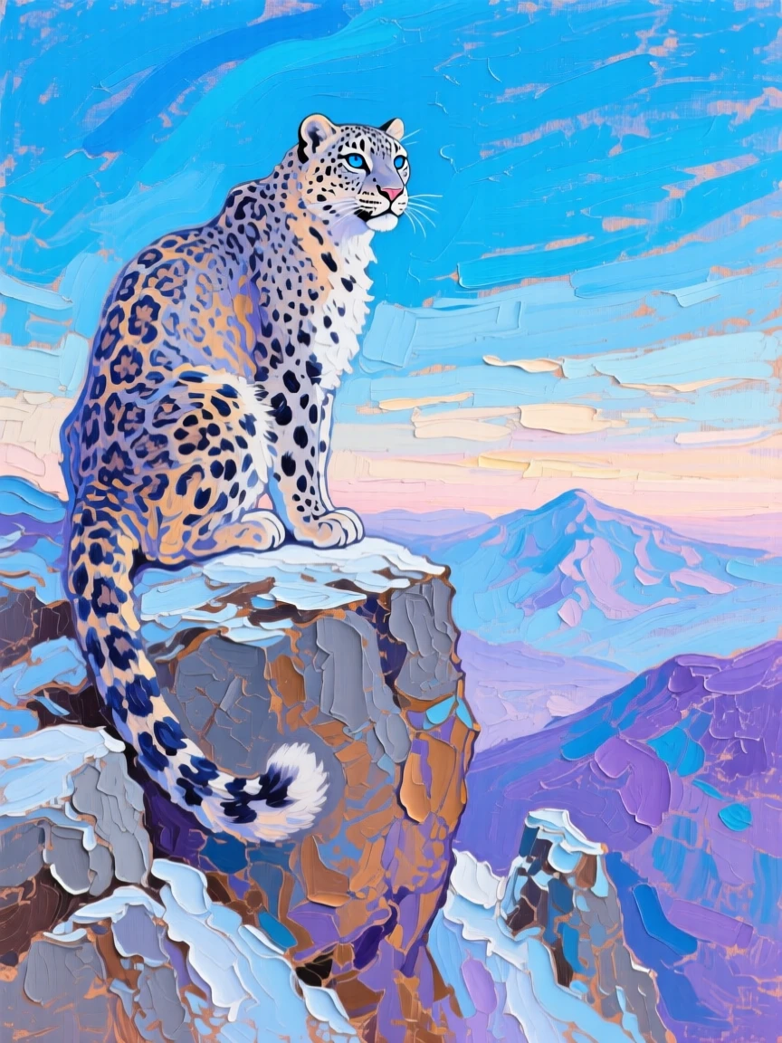 a snow leopard watching from a high ledge, under a vast open sky, with a clear foreground, subject, and distant setting.