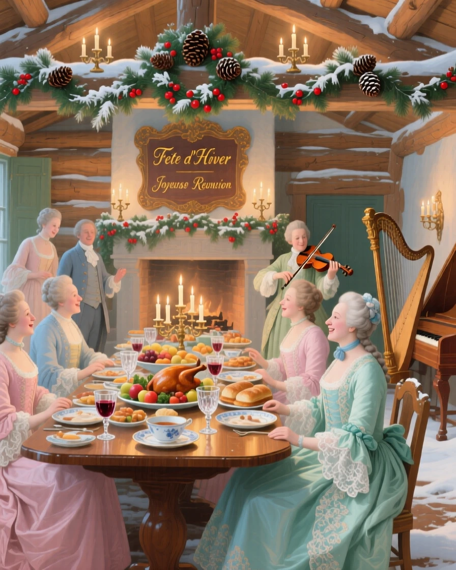 A winter feast in a rustic lodge with garlands, candles, and musicians  