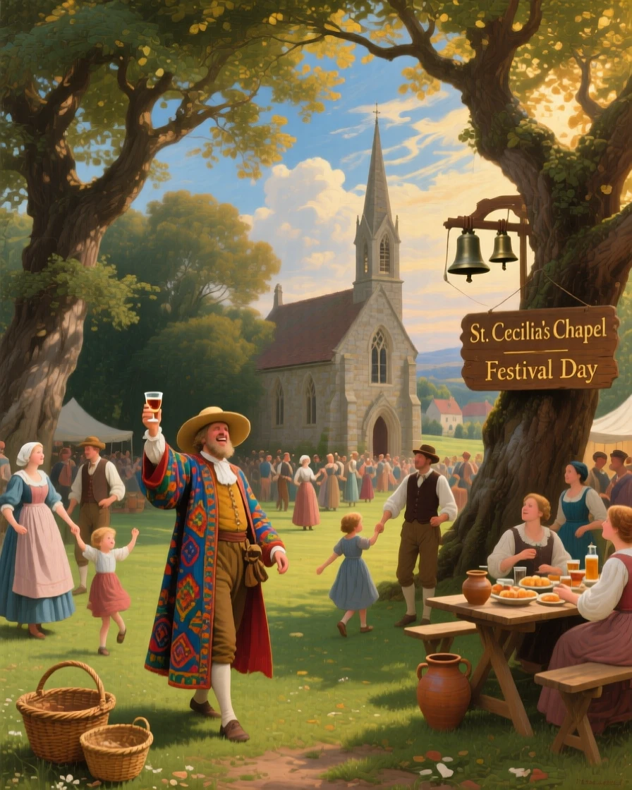 A traveling merchant celebrates a festival in a village green shaded by old oaks as bells ring from the chapel tower.