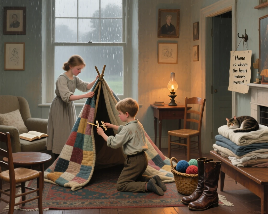 Siblings building a blanket fort in the living room on a rainy day, surrounded by the comfortable clutter of everyday domestic life, capturing an everyday moment that feels timeless and precious