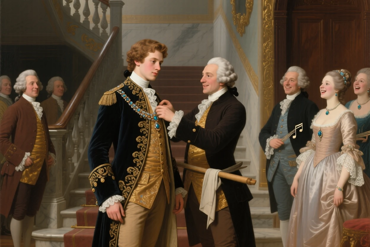 A young duke being fitted for his ceremonial coat by a tailor as laughter and music fill the air, set on the sweeping staircase of a grand estate, with silk gowns, powdered wigs, and glittering jewels catching the light; converging sightlines from the guests draw attention to the central gesture, suggesting both splendor and the fleeting nature of such moments.