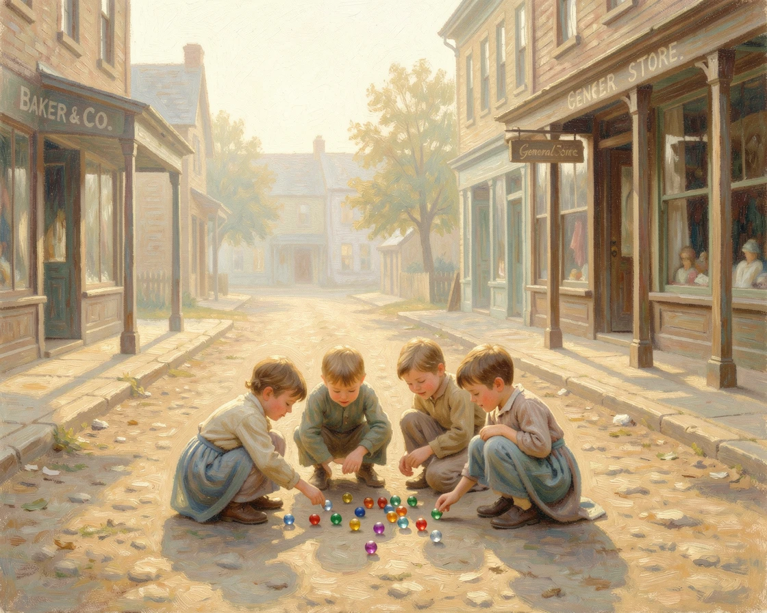 A group of children playing marbles on a dusty small-town street in the early twentieth century.