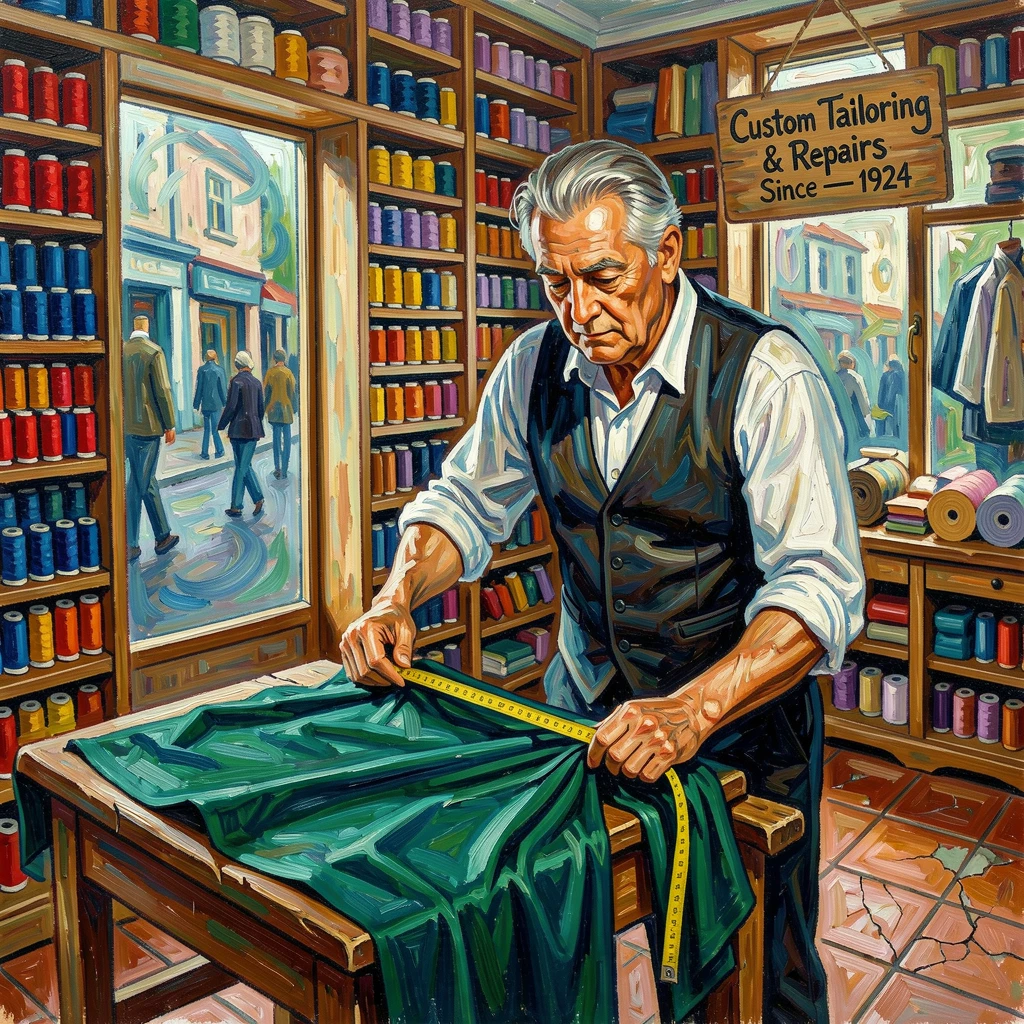 A tailor carefully measuring fabric in a small shop filled with spools of colorful thread.