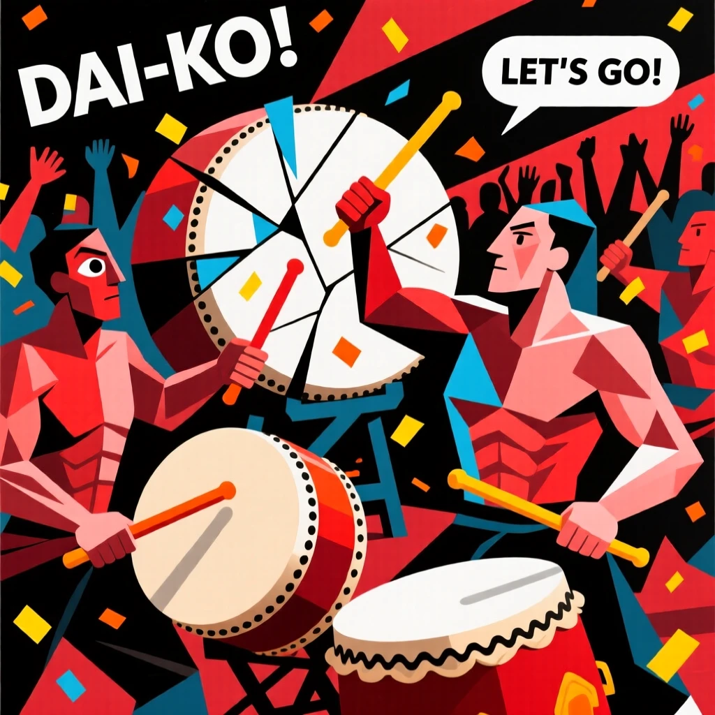 An energetic scene of a group of taiko drummers, captured amid falling confetti and cheers.
