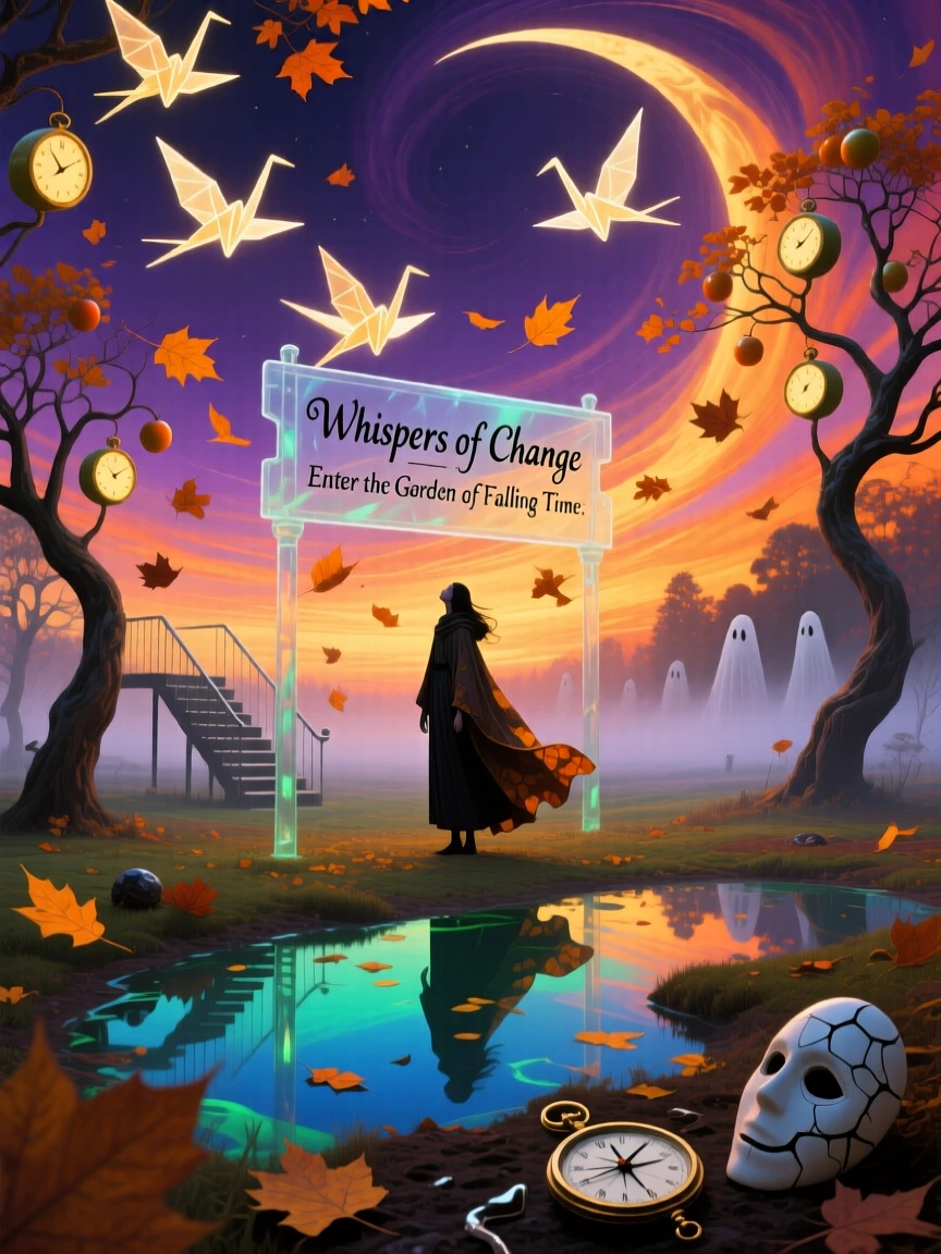 An autumn wind carrying leaves shaped like tiny paper birds drifts softly through a landscape caught between seasons, while the ground below begins to shimmer with quiet color.