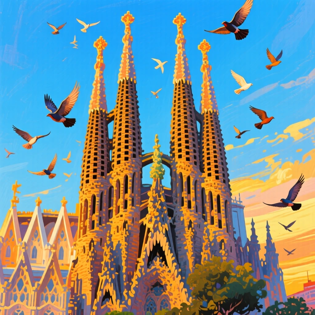 The Sagrada Familia's spires piercing a clear blue sky, bathed in golden sunset light, flocks of birds wheeling overhead