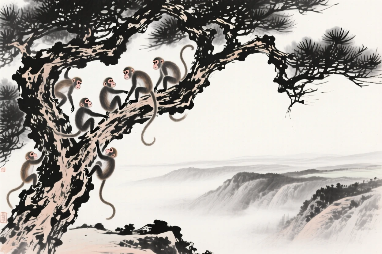 A troop of monkeys climbs among the branches of a gnarled pine, overlooking a deep misty valley.