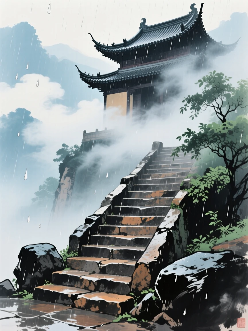 A stone staircase climbing toward a temple hidden in the clouds, as summer rain begins to fall, radiating gentle serenity.
