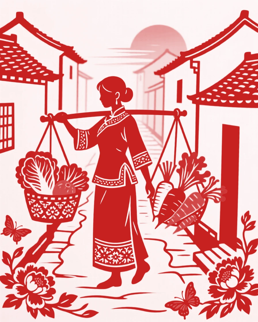 A woman carrying a shoulder pole of vegetables down a narrow village lane at dawn
