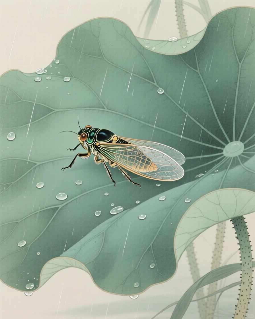 A cicada on a lotus leaf after summer rain
