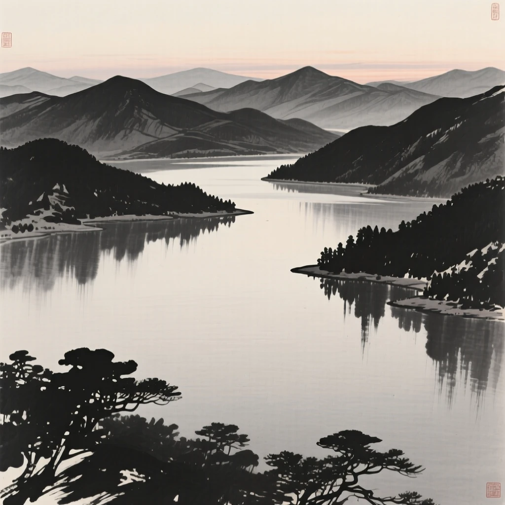 A quiet lake mirroring a ring of distant peaks as evening shadows stretch long across the land, viewed from a high vantage point looking down across the whole scene, capturing a fleeting, serene moment suspended in time.