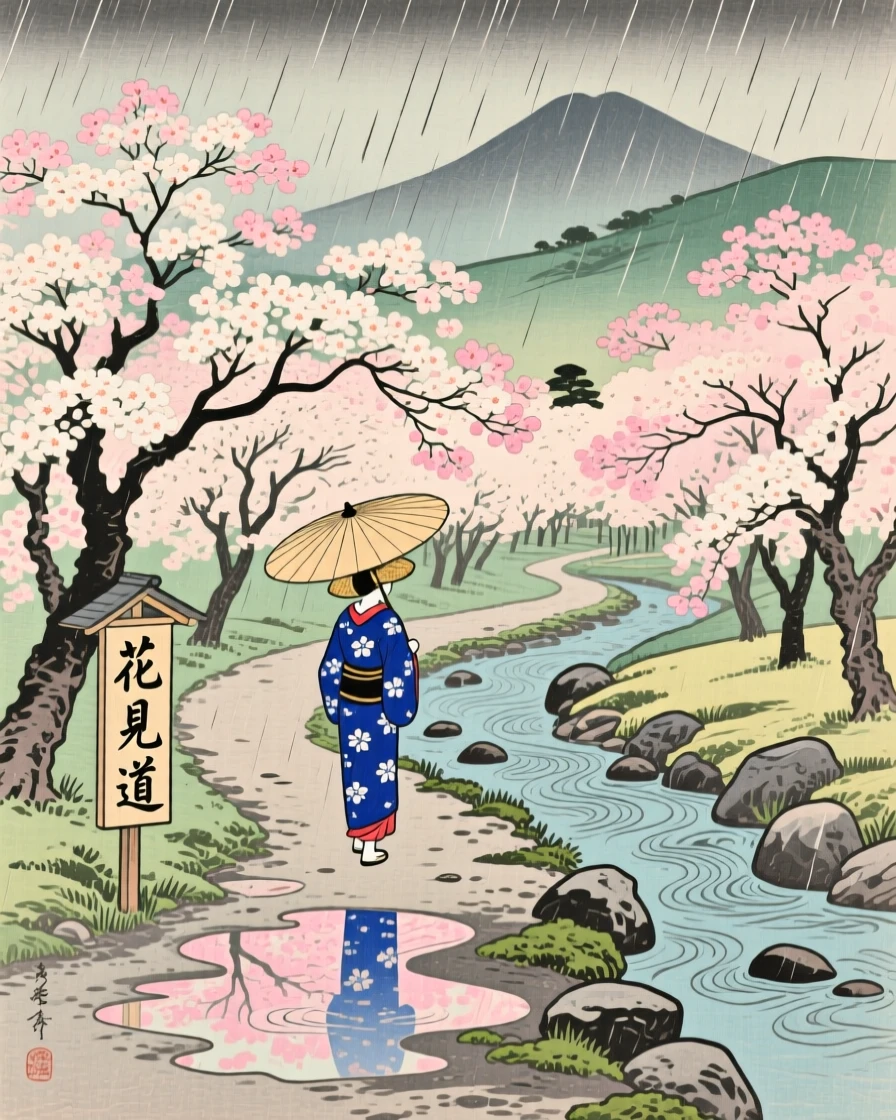 A grove of cherry blossom trees in full bloom as gentle rain begins to fall.
