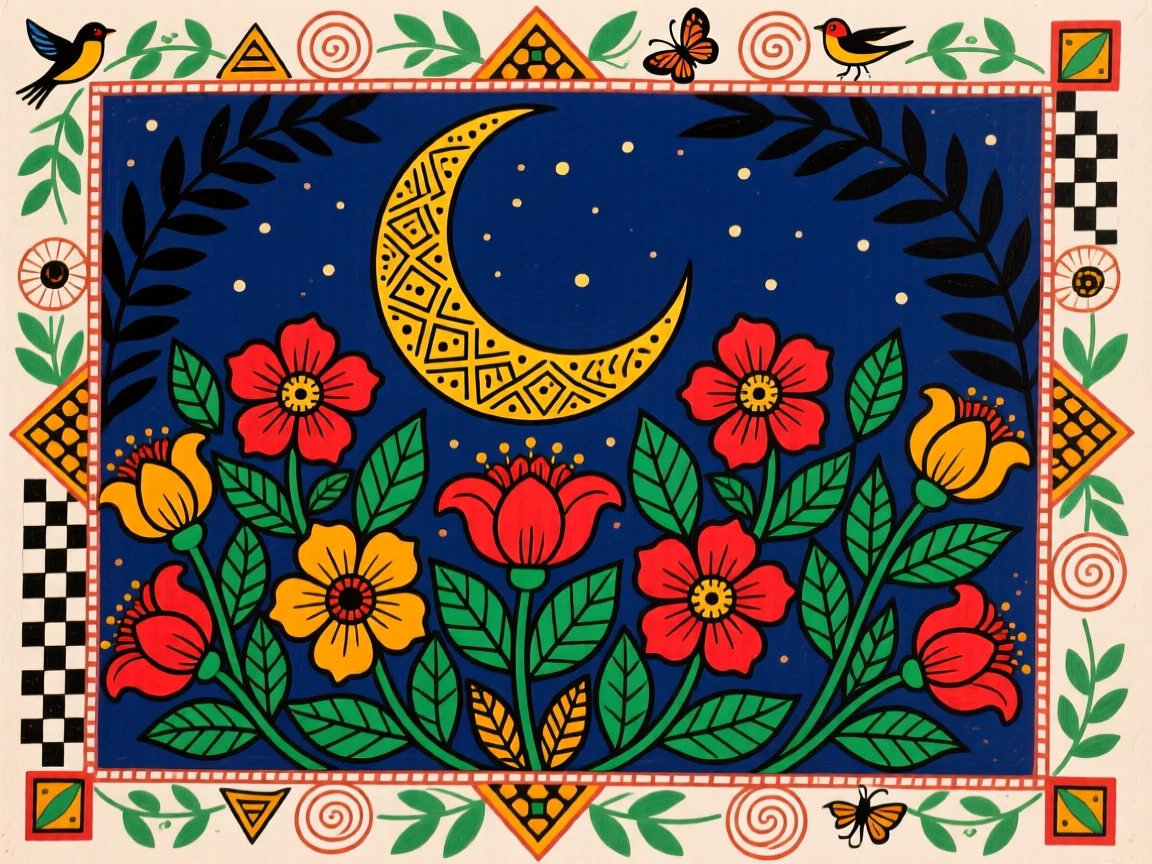 A crescent moon glowing above a cluster of blooming night flowers.