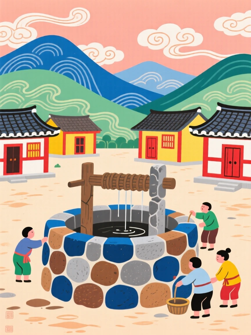 An old stone well in a village square nestled among distant mountains.