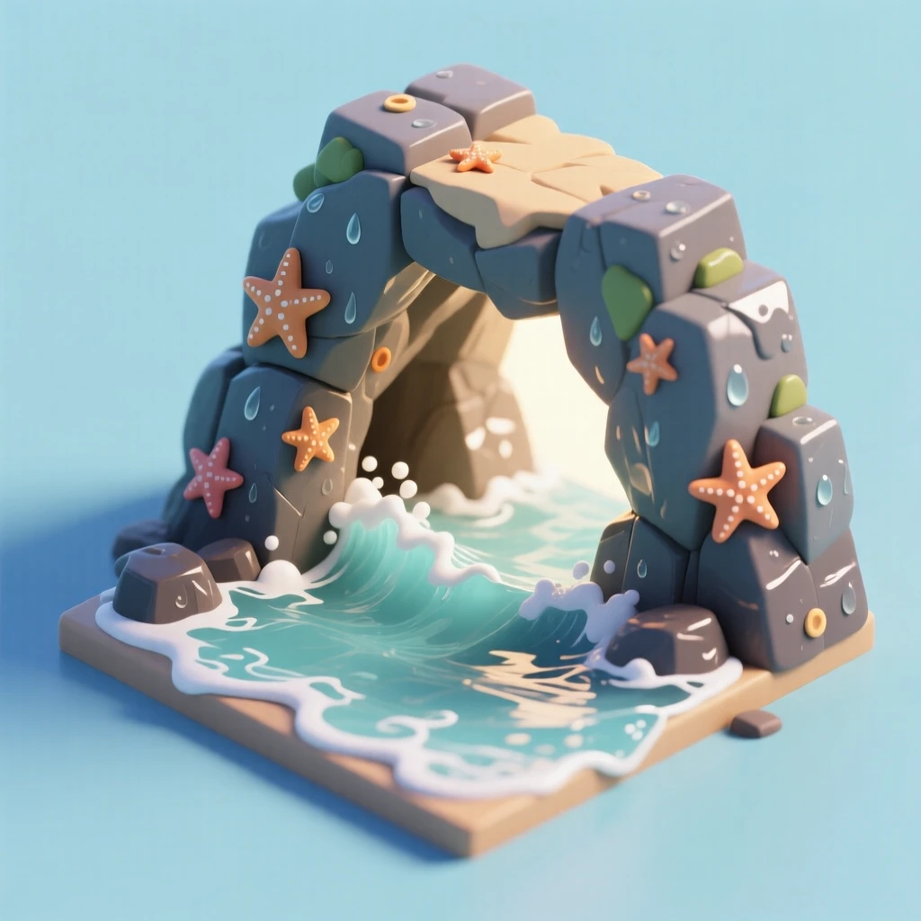 A dramatic sea cave with waves crashing at the entrance, light filtering through an opening above, and starfish clinging to the wet rocks.