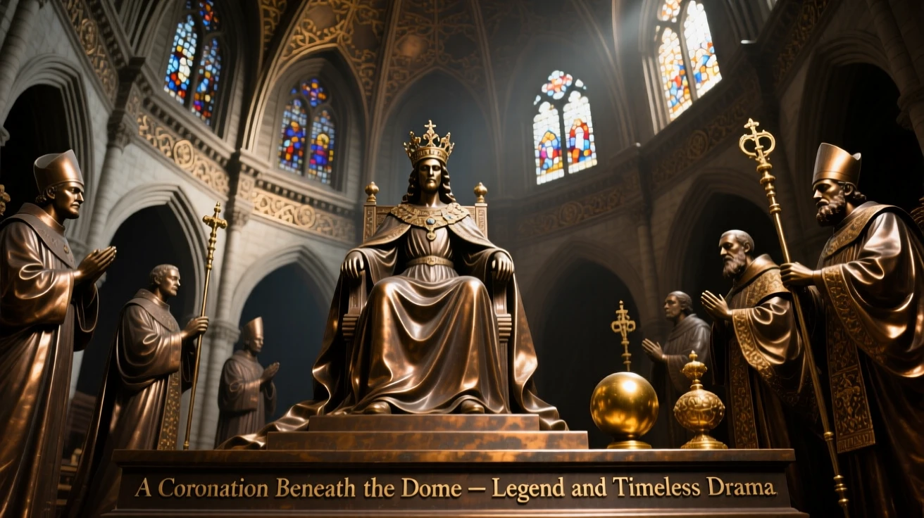 A coronation ceremony beneath a grand cathedral dome, bathed in dramatic, atmospheric light, evoking legend and timeless drama