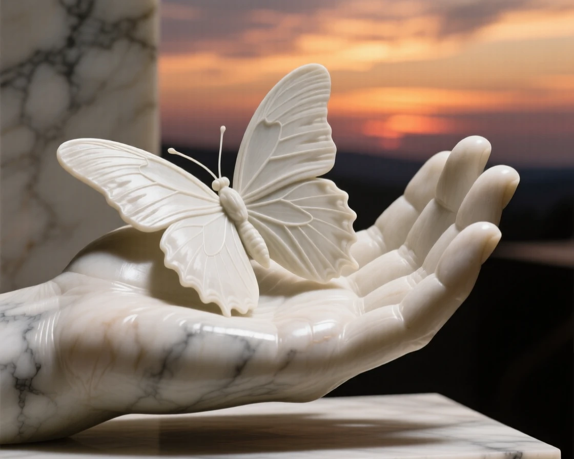 A striking close-up of a butterfly resting on an open palm, full of life and grace, against a dramatic sunset sky