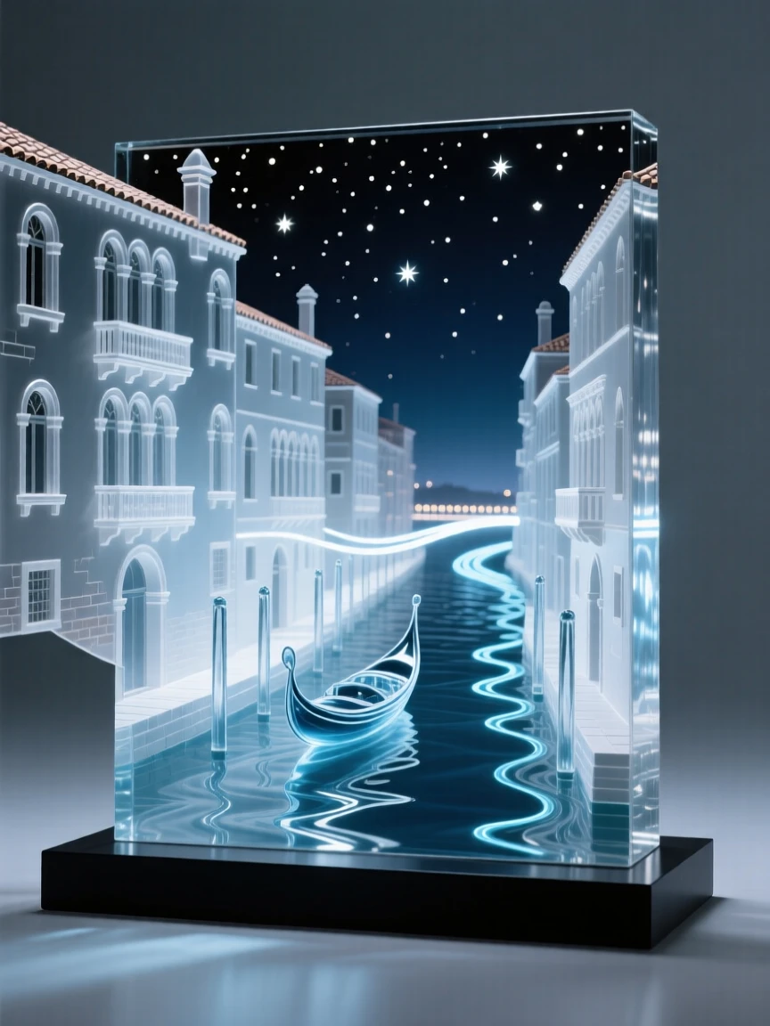 A Venetian canal lined with historic buildings under a starry night sky, long soft light trails in the distance, composition emphasizing scale and grandeur.